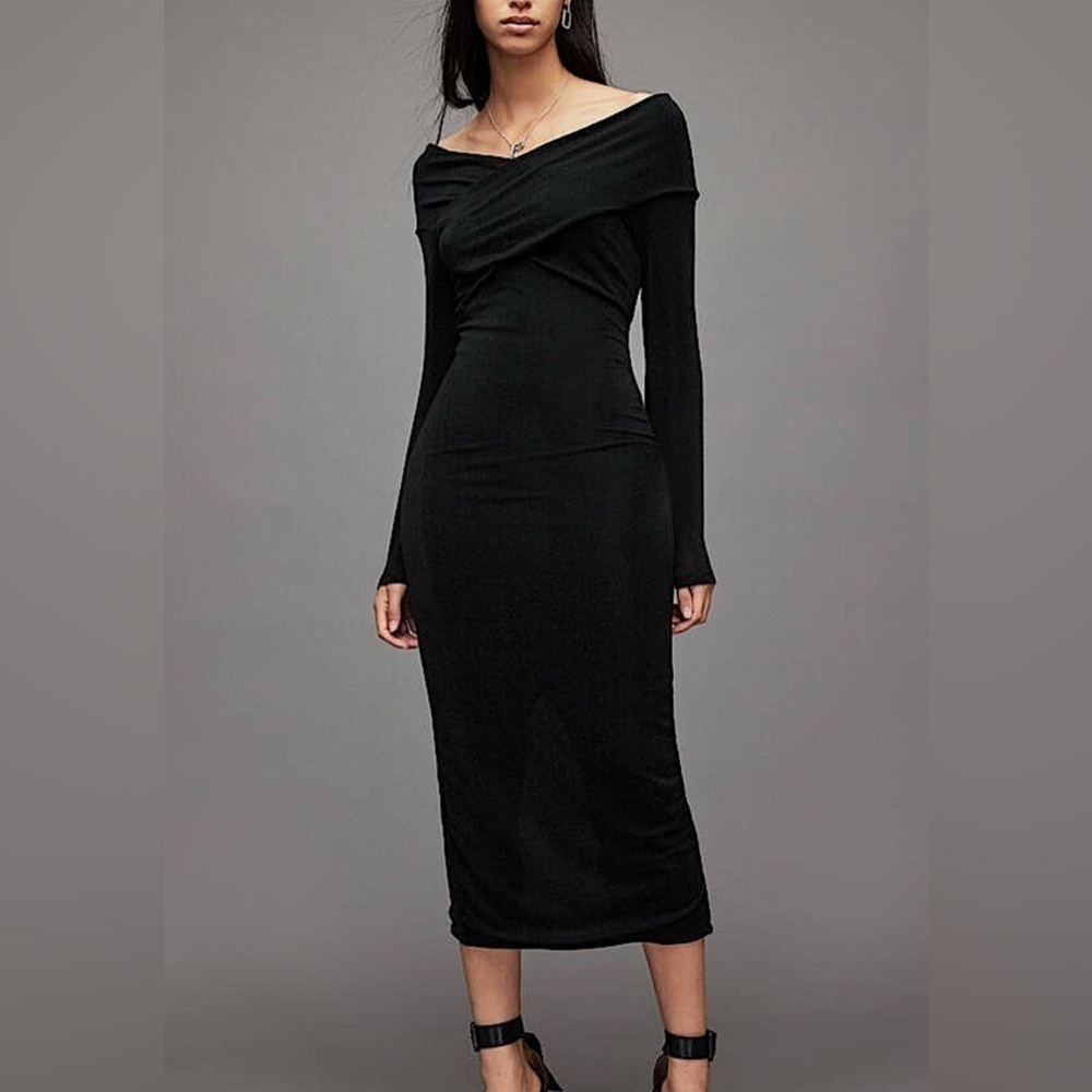AllSaints Delta Shimmer Off the Shoulder Long Sleeve Midi Dress Black size 2